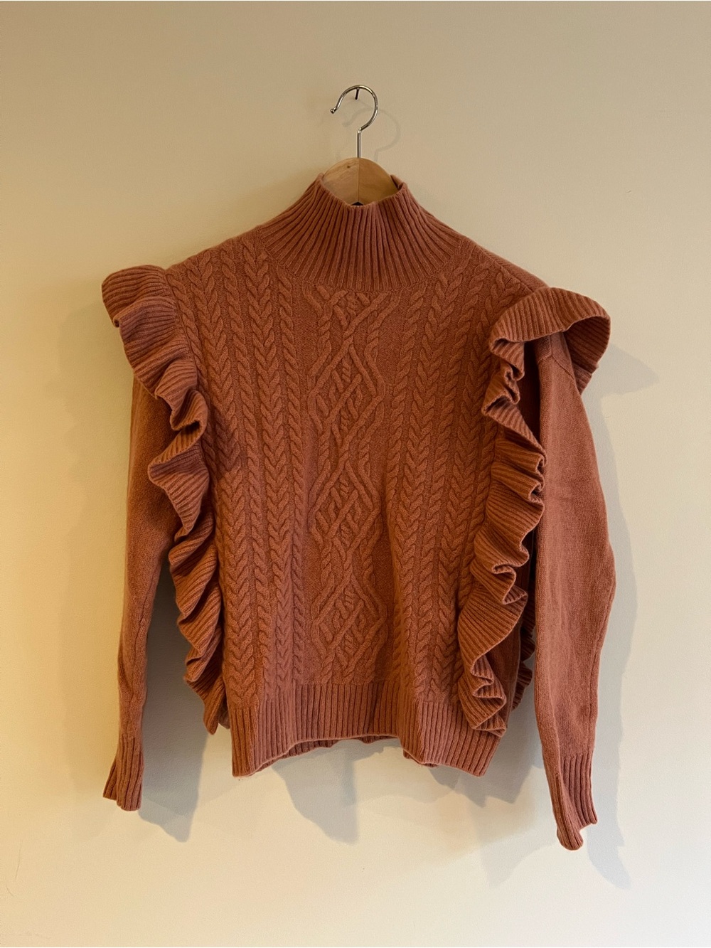 Massimo Dutti Ruffled Cable-Knit Turtleneck - Dusty Rose